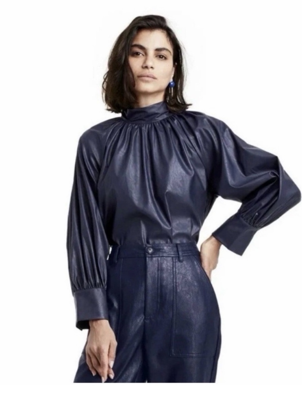 Rachel Comey Navy Faux-Leather Gathered-Neck Blouse